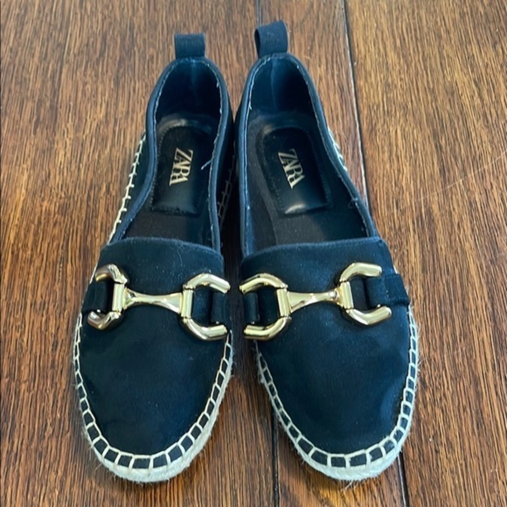 Zara Black Espadrilles Flats Loafers Gold Horsebit Buckle Faux Suede 38 7.5-8